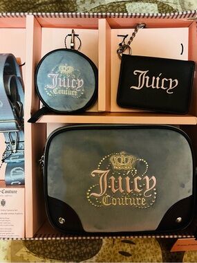 Juicy Couture Blue Gray Logo Cosmetic Bag Set with Black Accents
